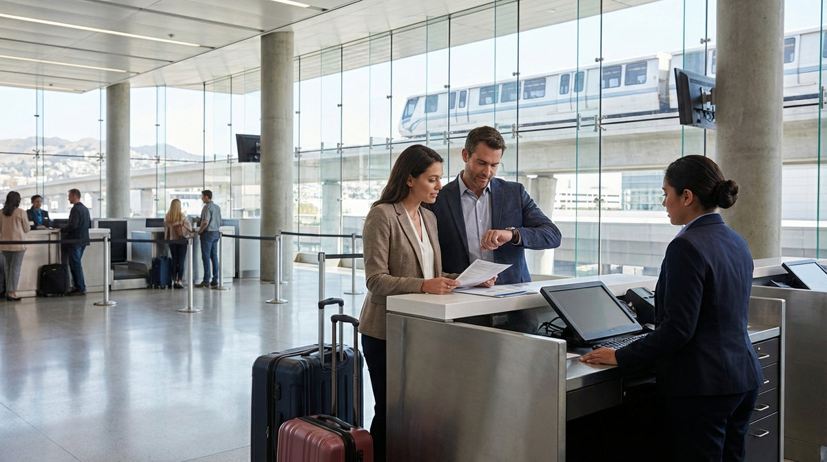 A bright and clean car rental pickup area at the San Francisco airport with a row of waiting vehicles