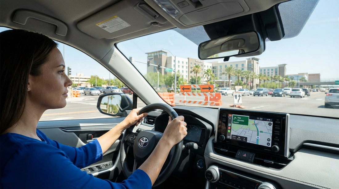 The Las Vegas Strip at night, with a trail of car hire headlights and vibrant casino neon signs