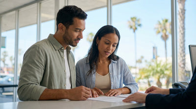 A convertible car hire drives along a sunny California coastal road with dramatic Pacific Ocean views
