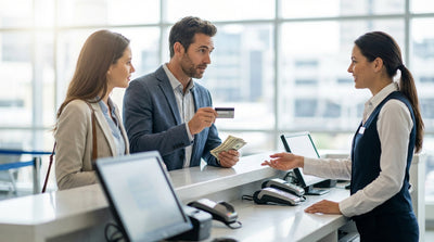 A driver's view from a car rental on an empty desert highway in Arizona with mountains on the horizon