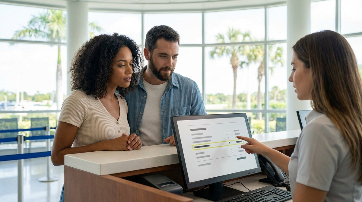 A convertible on a scenic car hire road trip along a palm-tree-lined coastal highway in Florida