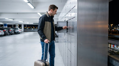 A person's hand entering a code on a car rental key box at the SFO airport in San Francisco at night