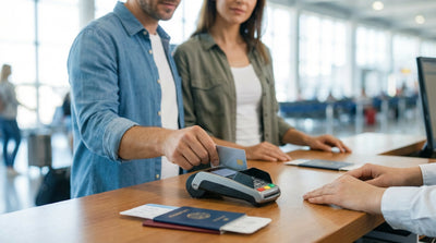 A person holds a credit card and keys in front of their car hire at a viewpoint in the United States