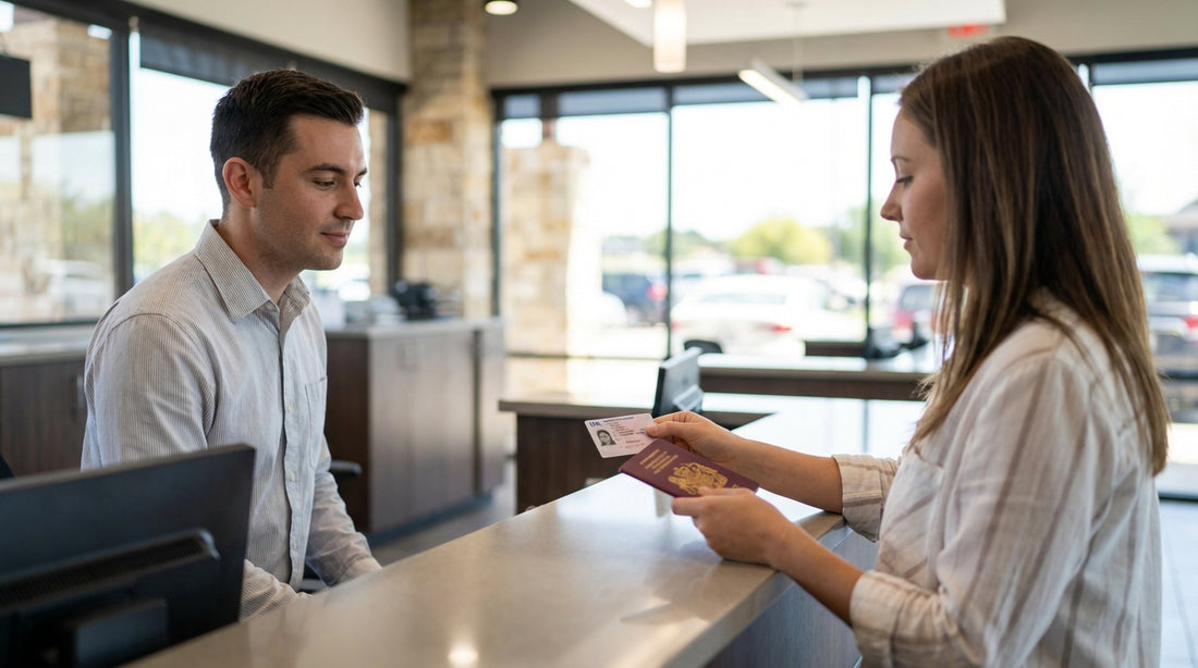 A scenic Texas highway stretching into the distance, seen from the driver's seat of a car hire