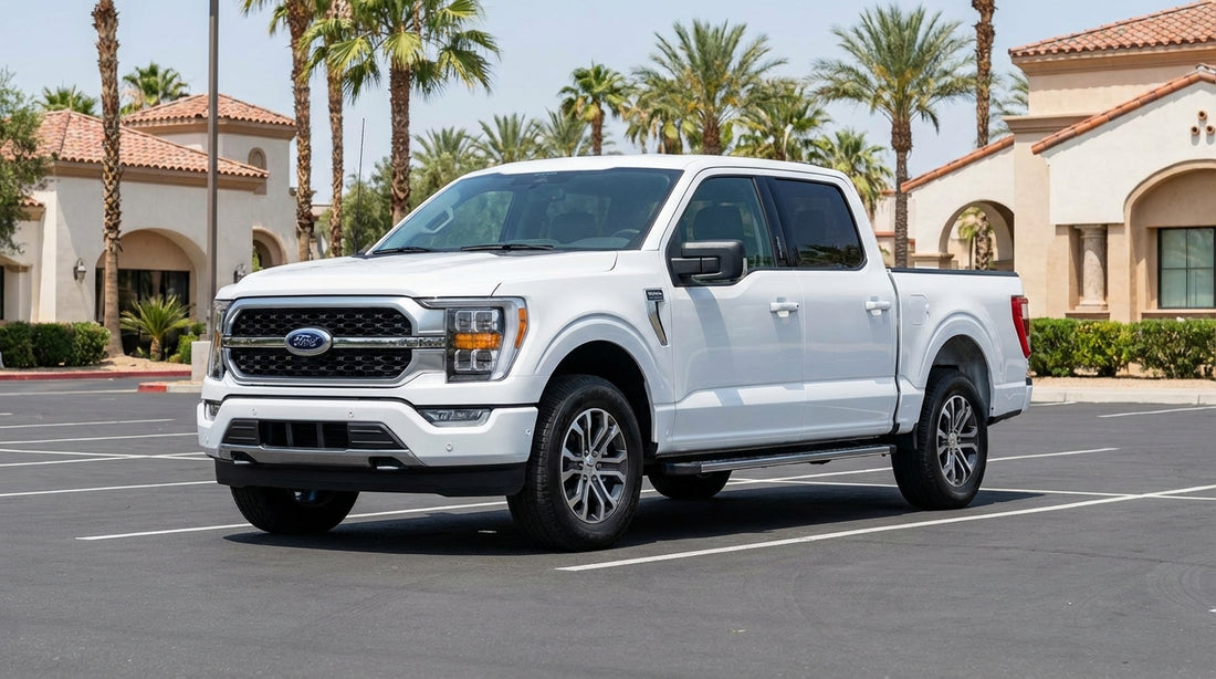 A sedan car rental parked on a sunny street lined with tall palm trees in California