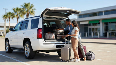 The open trunk of a car hire SUV filled with suitcases for a family road trip in Texas