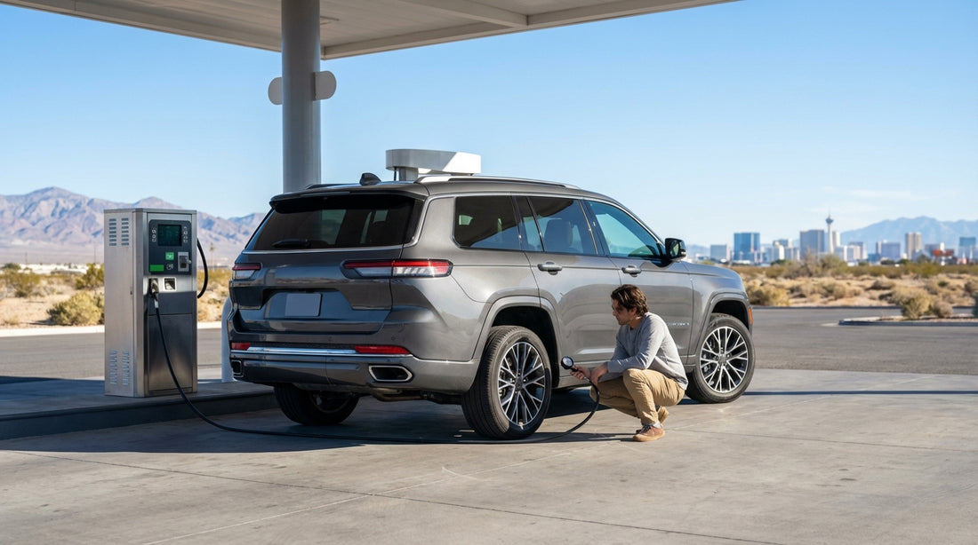 A white SUV car hire driving on a scenic desert highway through red rock canyons near Las Vegas