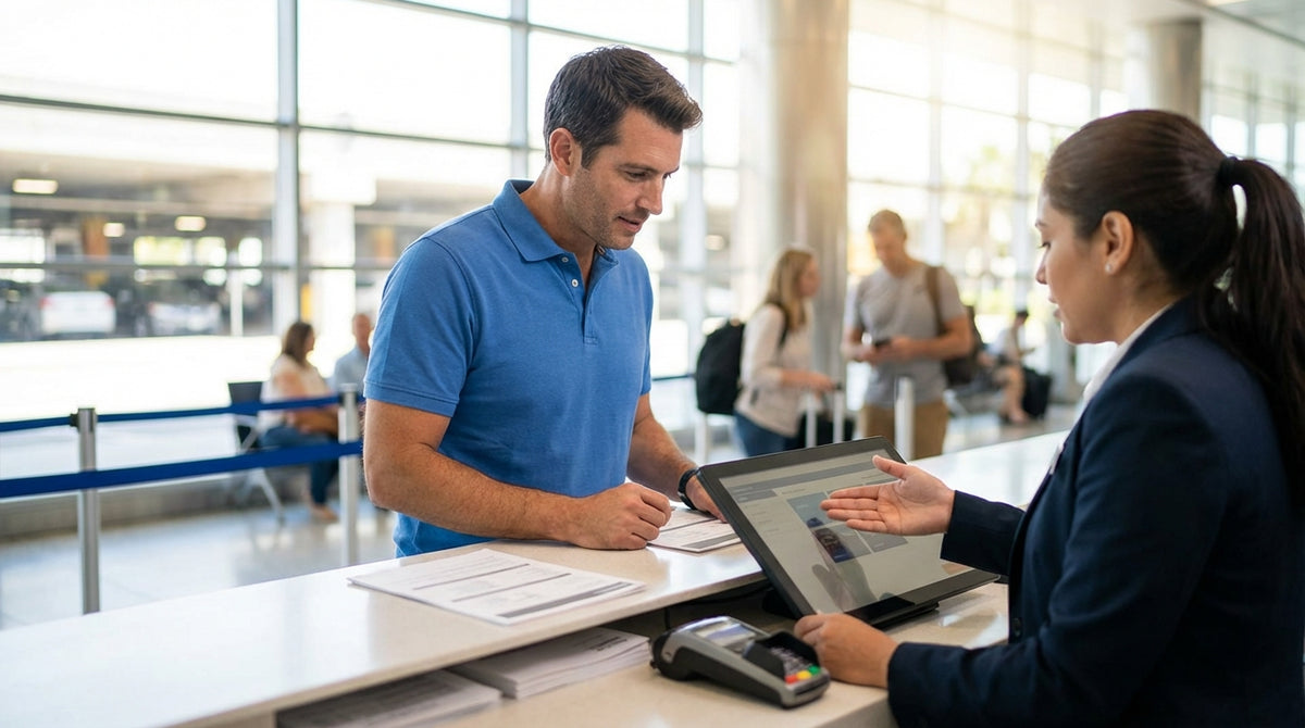 A sedan car rental travels down a long, straight highway road under a wide open Texas sky