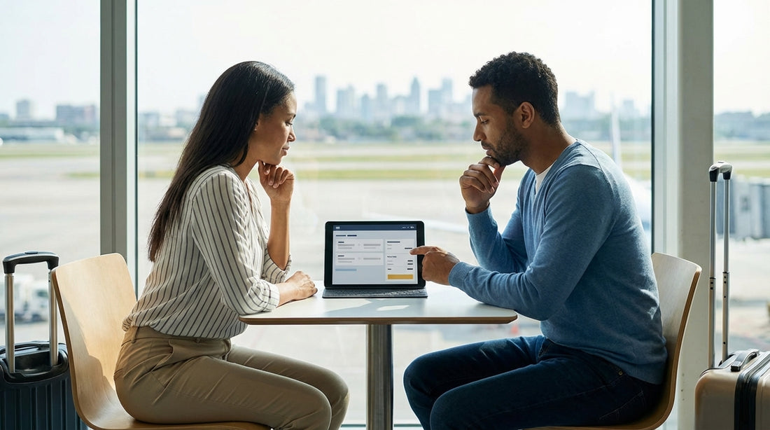 A traveler inspecting a row of vehicles at a New York airport for their car hire booking