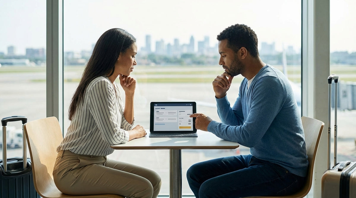 A traveler inspecting a row of vehicles at a New York airport for their car hire booking