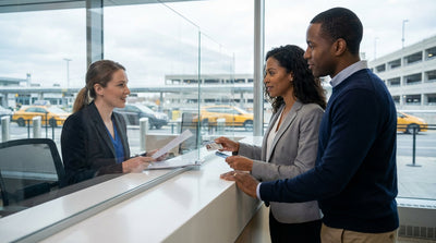 A modern car rental driving on a street in New York with the Manhattan skyline in the background