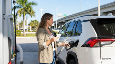 A person refuels their white car hire at a gas station with palm trees on a sunny day in Miami