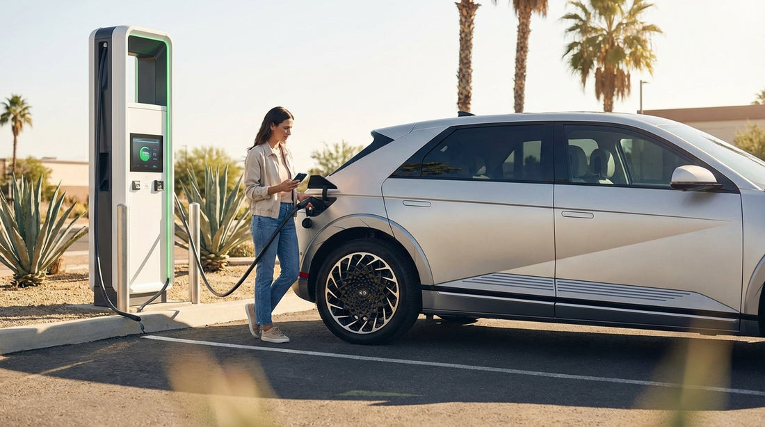 A person uses a smartphone to charge their electric car rental at a sunny public charging station in Texas