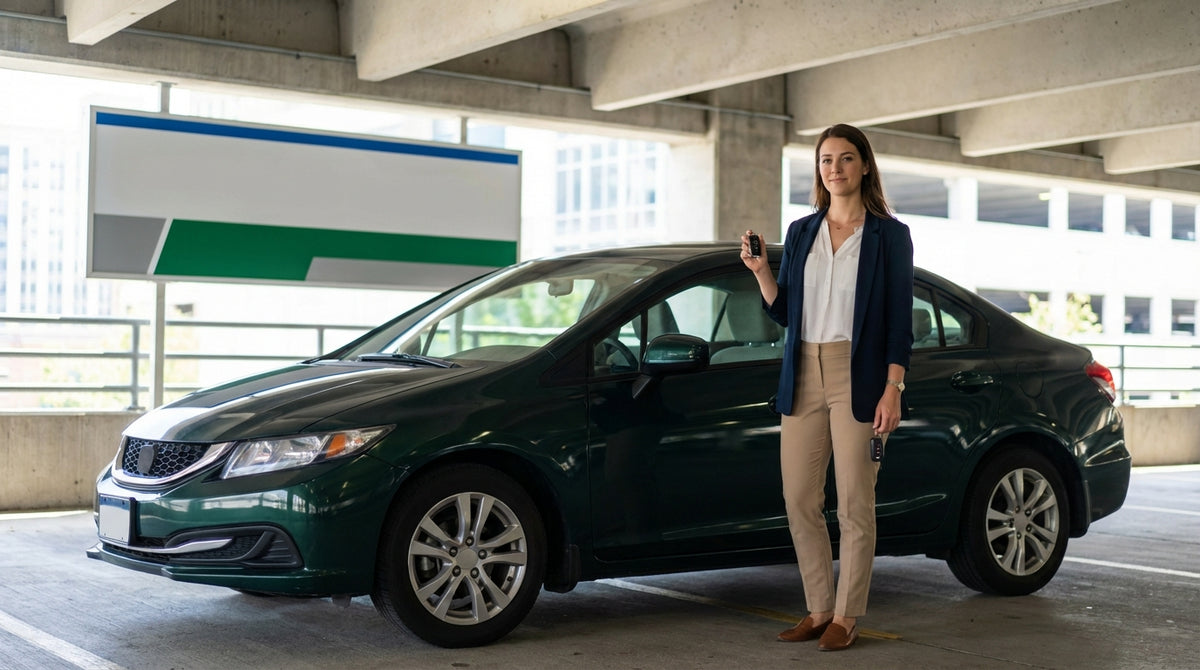 A sleek modern car rental parked on a busy New York City street with yellow taxis and skyscrapers in the background