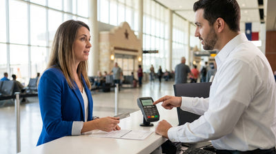A modern car hire driving on an open highway through the Texas landscape