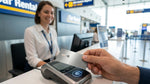 A person tapping a credit card on a payment terminal at a car hire desk in the United Estates