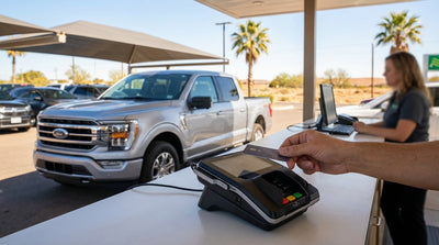 A person at a car hire desk in Texas uses a contactless card to pay at a payment terminal
