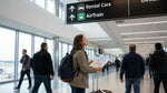 Traveler with a suitcase looking at overhead signs for a car rental center at JFK airport in New York