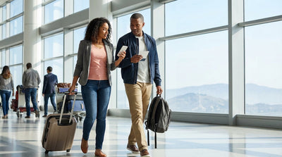 Traveler with luggage walks towards the SFO car rental center in San Francisco