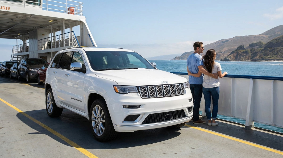 A silver car rental parked on the deck of a ferry with the sunny California coastline visible across the water