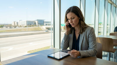 A car hire driving on a multi-lane highway under an electronic toll collection gantry in Texas