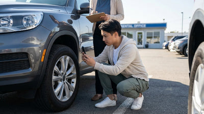 A person crouching to photograph a scuffed alloy wheel on their car rental in a sunny airport parking lot