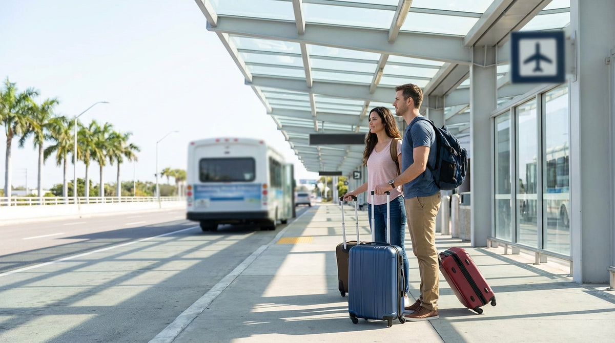 A purple car rental shuttle bus picking up passengers under a sign at LAX in Los Angeles