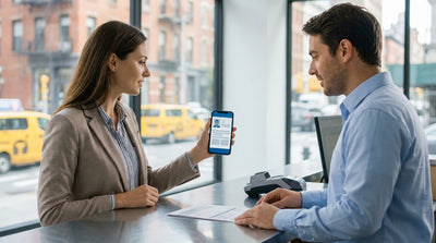 A person at a car hire counter in New York, presenting a digital driving licence on their smartphone