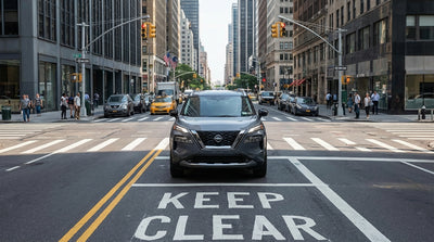 A car hire vehicle stopped inside a yellow Keep Clear box on a bustling New York street