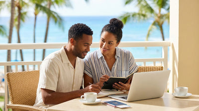 A blue convertible car rental driving along the scenic Overseas Highway in the Florida Keys at sunset