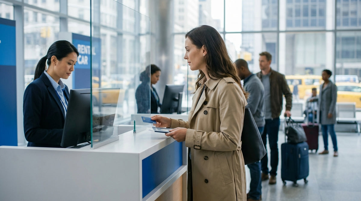 A white car rental driving on a busy street in New York City, with yellow taxis and skyscrapers in the background