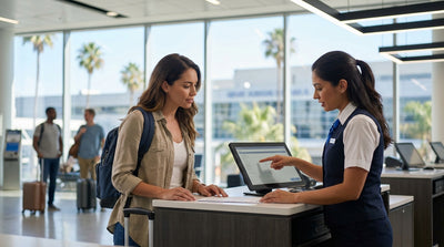 A traveler wheels their suitcase past a row of vehicles for car hire at the Los Angeles airport