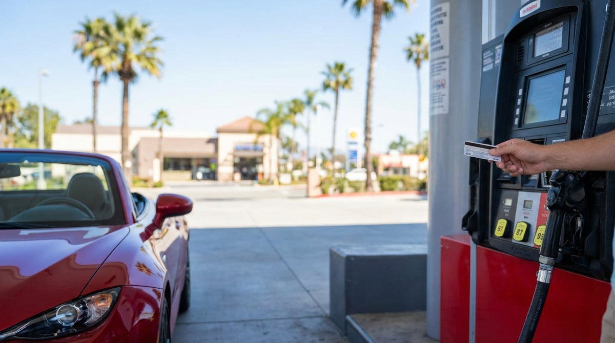A person refuels their car hire at a sunny gas station surrounded by palm trees in California