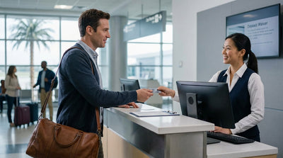 A convertible car hire driving down a sunny, palm-lined coastal highway in Florida