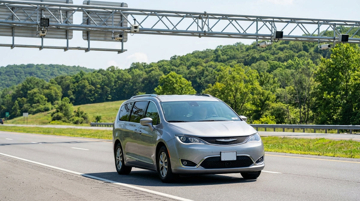 A car rental driving on the scenic Pennsylvania Turnpike with green hills in the background