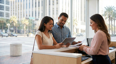 A silver car hire drives down a street in downtown Dallas with sunny skyscrapers in the background