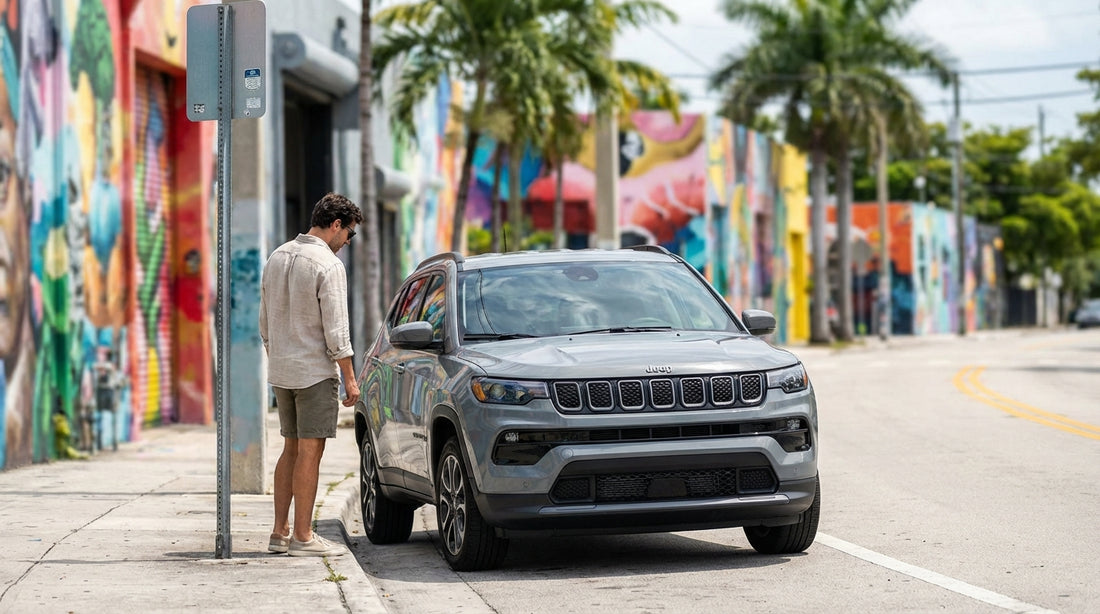 A car hire is parked on a sunlit street in Wynwood, Miami in front of a vibrant, colorful graffiti mural