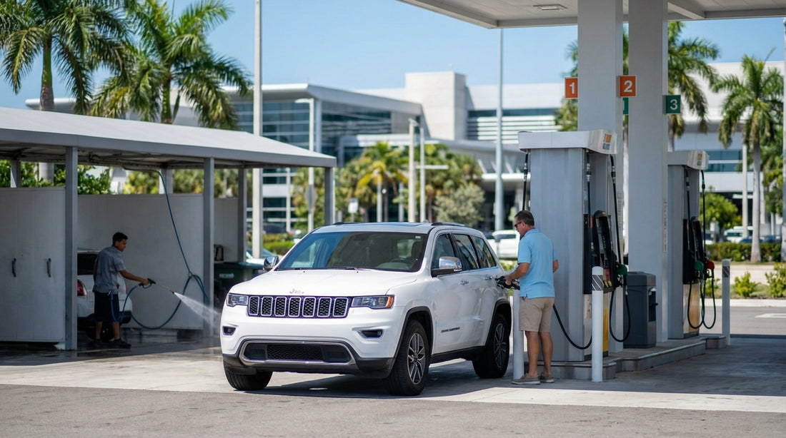 A convertible car hire driving on a sunny bridge in Miami with the city skyline in the distance