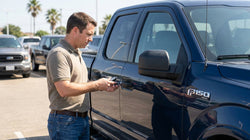 Person holding a key fob next to a modern vehicle at a car rental lot in Texas