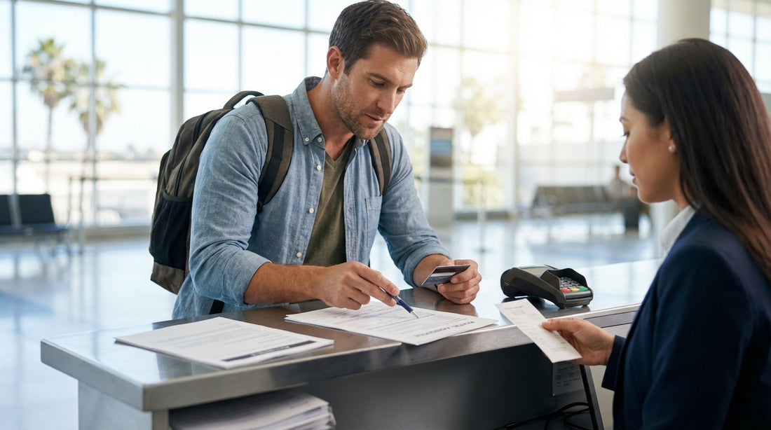 Traveler next to their sedan car rental in a sunny Los Angeles airport parking lot