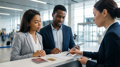 A silver sedan car rental drives through the busy, skyscraper-lined streets of New York