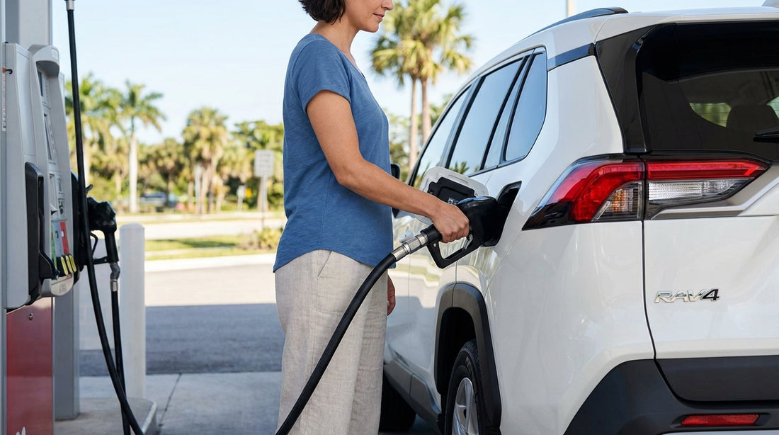 A white car hire sedan driving on a highway towards the sunny Miami skyline