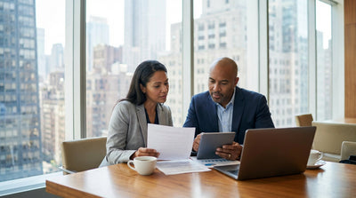 A car rental driving on a busy street in New York City with yellow cabs and skyscrapers in the background