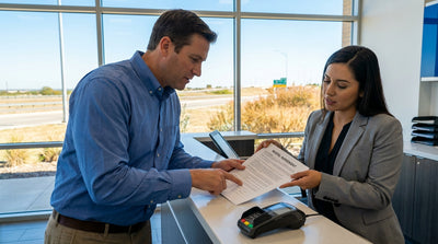 A red convertible car rental parked on the side of a long, empty highway under a big sky in the Texas desert