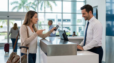 A traveler at a car hire counter in Miami Airport discussing a booking document with a customer service agent