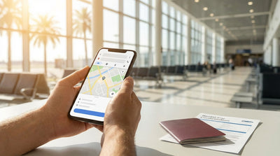 A person uses a smartphone in the driver's seat of a car hire vehicle on a scenic coastal highway in California