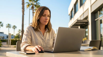A red convertible car rental driving down a sunny, palm-lined street in Los Angeles