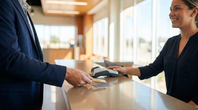 A person's hands holding two credit cards over the counter at a car hire office in Texas