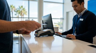 A person's hand using a credit card to pay for their car hire at a rental counter in California