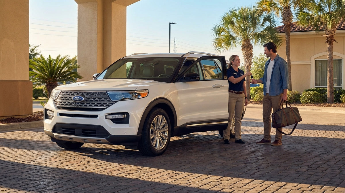 A red sedan from a car hire service drives down a long, straight road in the Texas desert at sunset
